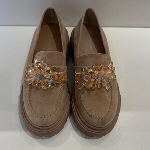 Chic Tan Suede Loafers with Gem Accents